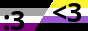 ace enby flag (split at an angle through the middle) with a colon three and an ascii heart in black text